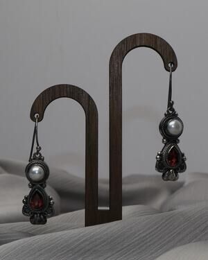 BA Sterling Silver Garnet & Pearl Dangle Earrings 13.5G / 2in